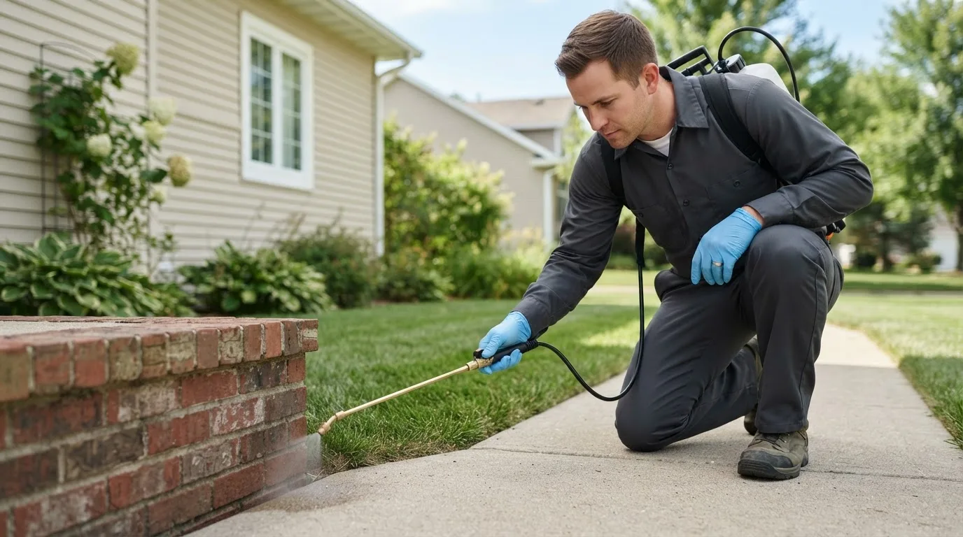 Pest control technician treating a home near Chamblee, GA